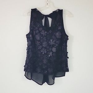 Mendocino Tie up in back Black Flower Sequence Sleeveless Blouse